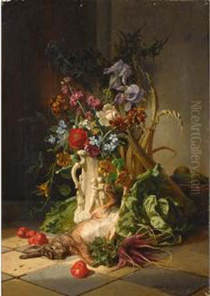 A Kitchen Still Life With Flowers Oil Painting by David Emil Joseph de Noter