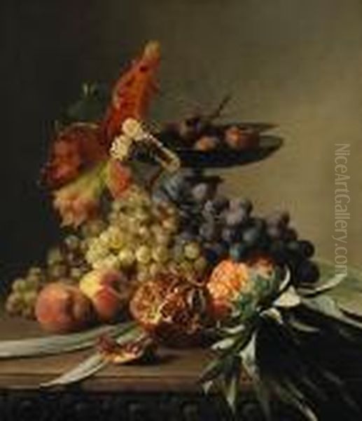 A Still Life With Grapes, Peaches, A Pineapple And A Pomegranate On A Table Oil Painting by David Emil Joseph de Noter