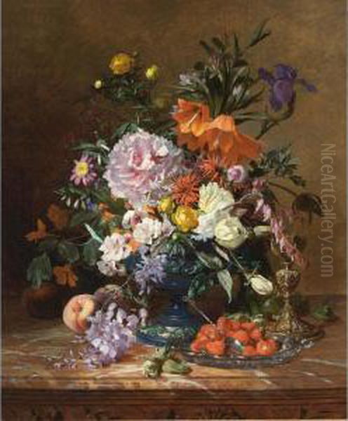 A Still Life With Flowers And Fruit Oil Painting by David Emil Joseph de Noter