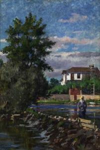 Paisagem Com Casa Rio E Figura , 'rio Ave' Oil Painting by Marques De Oliveira