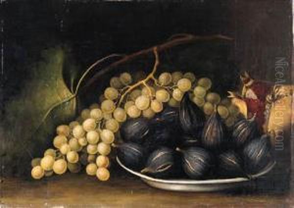 A Bunch Of White Grapes With Figs In A Shallow Bowl And An Open Pomegranate On A Ledge Oil Painting by Jose De Paez