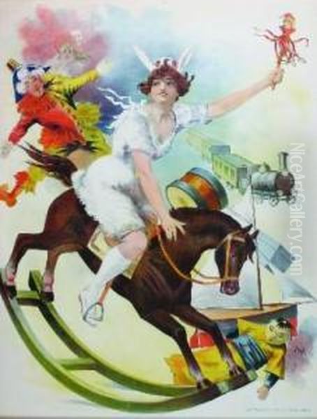 Girl With Toys On A Rocking Horse Oil Painting by Jean De Paleologue