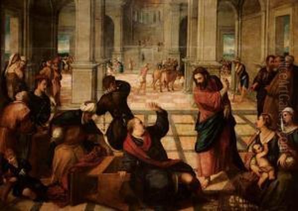 Gesu Scaccia I Mercanti Daltempio Oil Painting by Palma Vecchio (Jacopo Negretti)