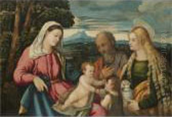 The Holy Family With The Infant Saint John The Baptist And Mary Magdalene Oil Painting by Palma Vecchio (Jacopo Negretti)