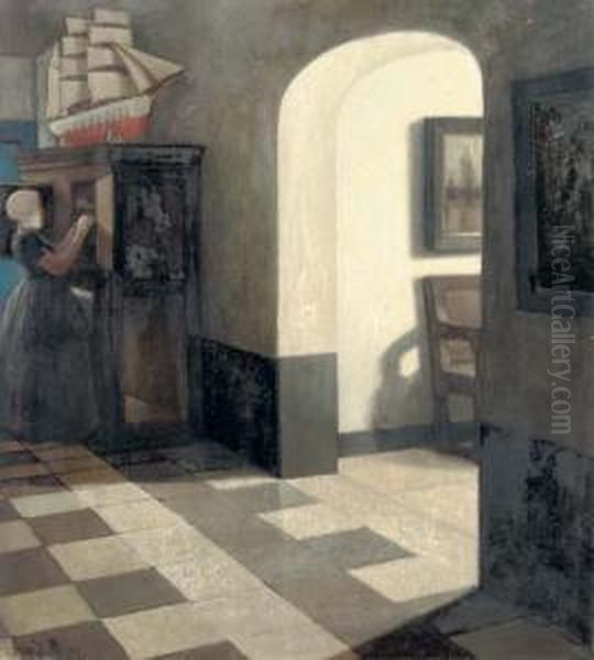 Girl In Interior Oil Painting by Rene De Pauw