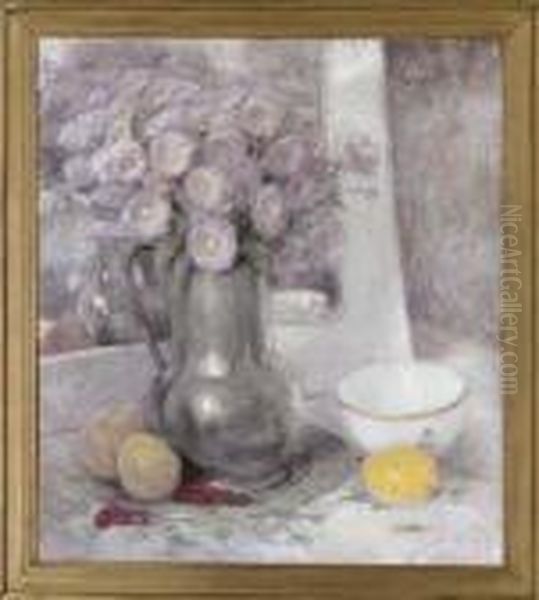 Daisies In A Pewter Jug With A Lemon, Peaches And Red Berries On A Table by Rene De Pauw