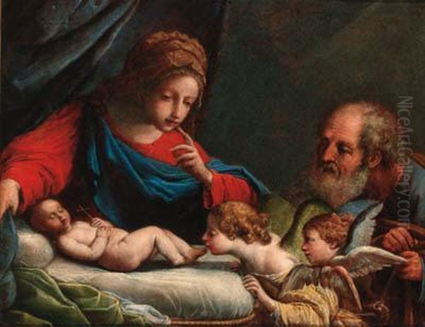 The Holy Family With Cherubs Oil Painting by Pietro Antonio De Pietri