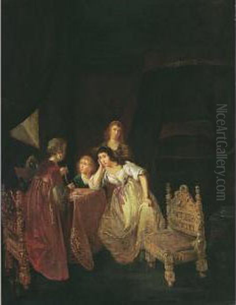 An Interior With A Maid Showing 
Pearls To Ladies, Another Maid Beyond And A Bed In The Background Oil Painting by Willem De Poorter