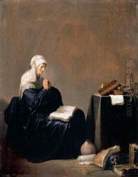 Interior With A Woman Praying At A Table, With Books, An Hour Glass And Other Objects Oil Painting by Willem De Poorter