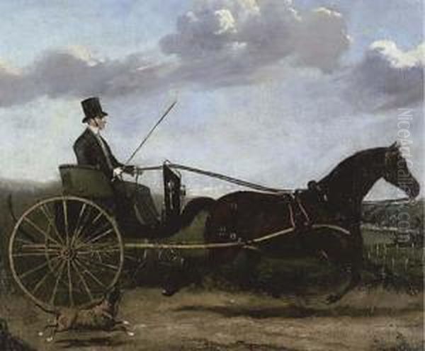 A Gentleman Riding A Trap On A Country Road, A Dog Beside Him Oil Painting by Alfred F. De Prades