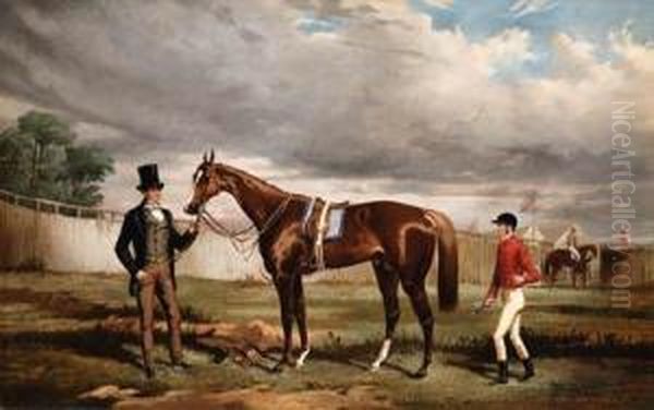 Sir Joseph Hawley's Teddington 
Held By His Trainer Alec Taylor Withthe Jockey Job Marson At Epsom Oil Painting by Alfred F. De Prades