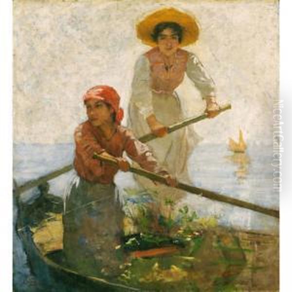 Barque Avec Deux Jeunes Filles Oil Painting by Edmond Jean de Pury