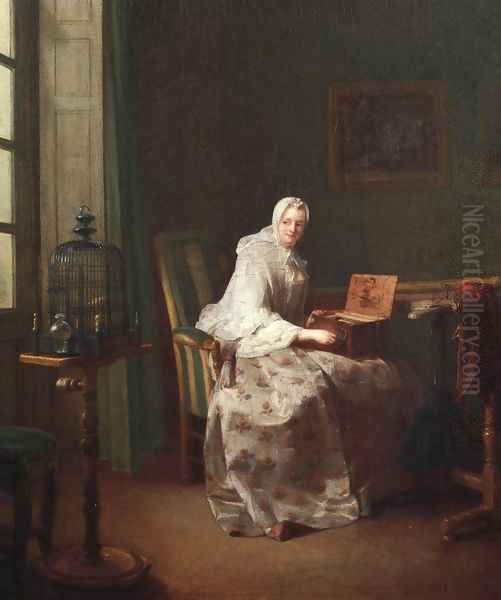 Lady with a Bird Organ 1753 Oil Painting by Jean-Baptiste-Simeon Chardin