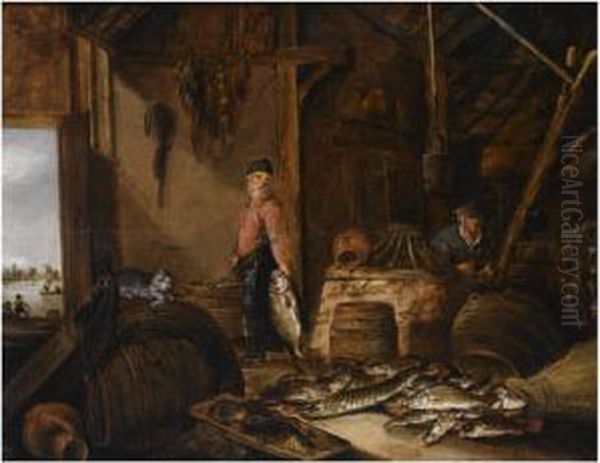 A Fisherman In His Barn With 
Fresh-water Fish, A Woman In The Background, A Cat Playing With A Fish 
On A Barrel In The Foreground Oil Painting by Pieter de Putter