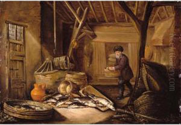 A Fisherman In His Cottage, With His Catch Of Fresh-water Fish Oil Painting by Pieter de Putter