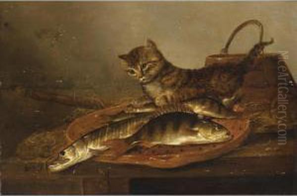 A Still Life With A Perch And A 
Pike On An Earthenware Dish, A Stick And A Wooden Bucket, Together With A
 Cat, All On A Wooden Table Oil Painting by Pieter de Putter