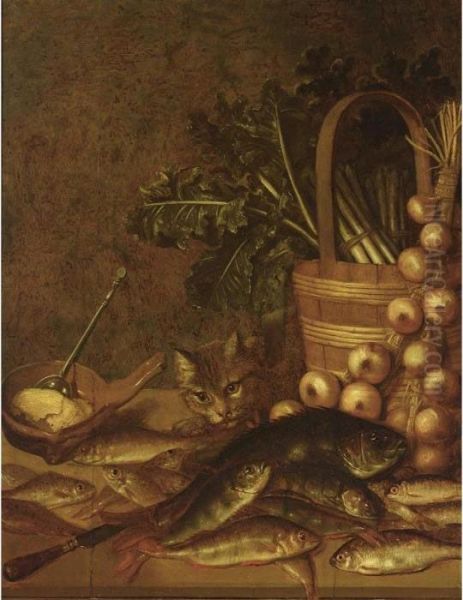 A Still Life With Fresh-water 
Fish, A Basket With Asparagus, Onions, Lettuce, A Knife And A Bowl With 
Butter And A Spoon, All On A Wooden Ledge Together With A Cat Oil Painting by Pieter de Putter