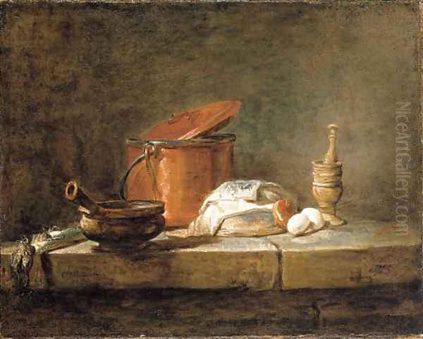 Leeks, a casserole with a cloth, a copper pot and cover, an onion and eggs with a pestle and mortar, on a stone ledge Oil Painting by Jean-Baptiste-Simeon Chardin