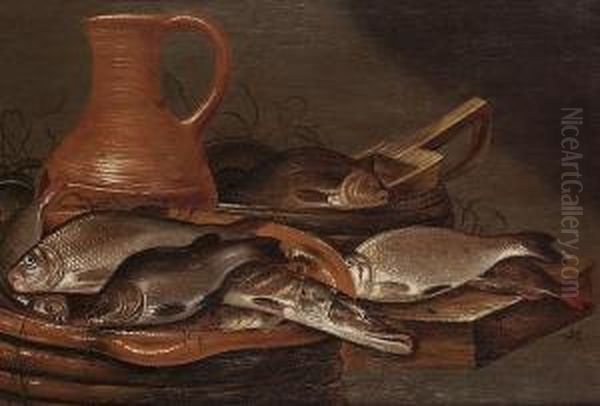 A Pike, Carp, And Other Fish On An Earthern Ware Plate With A Jug On A Table Top Oil Painting by Pieter de Putter