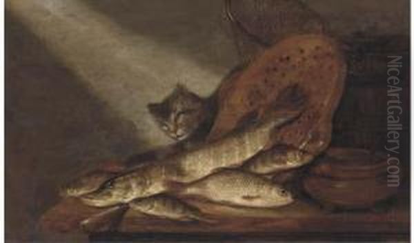 A Cat, Dead Fish, Earthenware Pots And A Fishing Net On Atable Oil Painting by Pieter de Putter