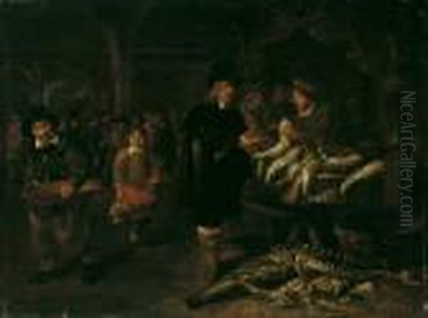 Beim Fischhandler. Ol Auf Holz 
(parkettiert). H 50; B 67 Cm. Pieter De Putter War Auf Stilleben Mit 
Fischen Spezialisiert. Die Von Ihm Dargestellten Fischbanke Und 
Kuchenraume Staffierte Er Mit Genreartig Aufgefasten Fischverkaufern Und
 Magden. Oil Painting by Pieter de Putter