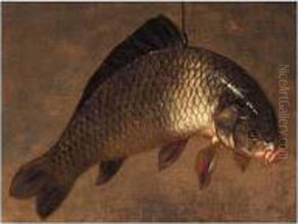 A Still Life With A Carp Hanging From A Piece Of String Oil Painting by Pieter de Putter