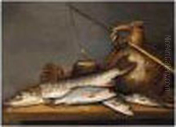 A Still Life With A Pike And A 
Perch Together With A Stoneware Jug And A Fishing Line On A Table Oil Painting by Pieter de Putter