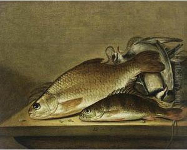 A Still Life With Fish And Birds On A Wooden Ledge Oil Painting by Pieter de Putter