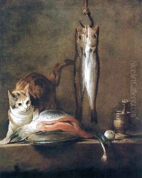 Still-Life with Cat and Fish Oil Painting by Jean-Baptiste-Simeon Chardin