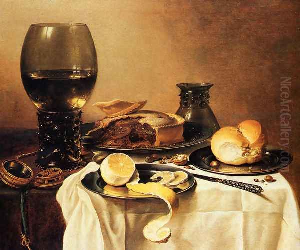 Breakfast Still Life With Roemer, Meat Pie, Lemon And Bread Oil Painting by Pieter Claesz.