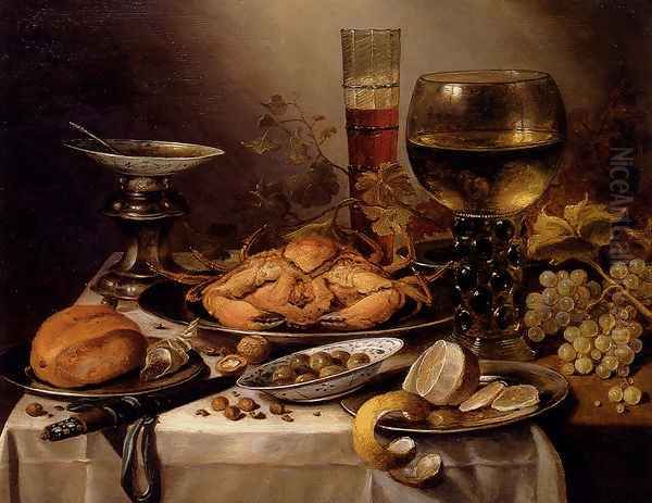 Banquet Still Life With A Crab On A Silver Platter, A Bunch Of Grapes, A Bowl Of Olives, And A Peeled Lemon All Resting On A Draped Table Oil Painting by Pieter Claesz.