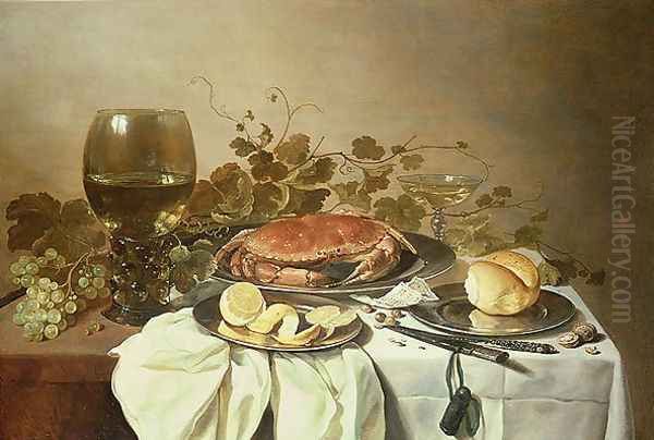 Breakfast still life with roemer and a crab Oil Painting by Pieter Claesz.