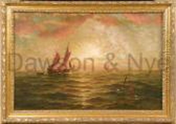 Ships Sailing Into The Sunset Oil Painting by Dey De Ribcowsky