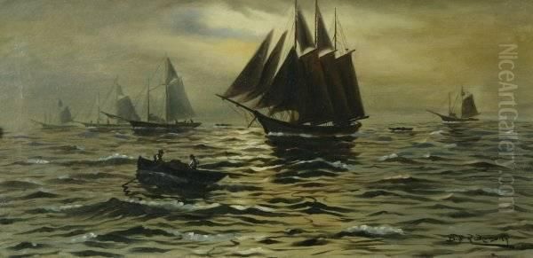 Sailboats Atdusk Oil Painting by Dey De Ribcowsky