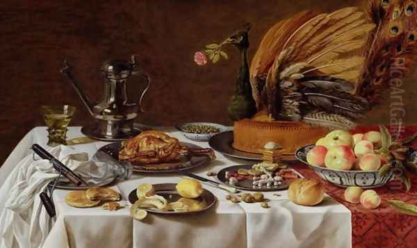 Still Life with a Peacock Pie, 1627 Oil Painting by Pieter Claesz.