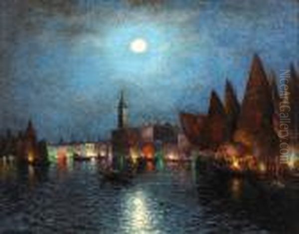 Venice Under A Moonlit Sky Oil Painting by Dey De Ribcowsky