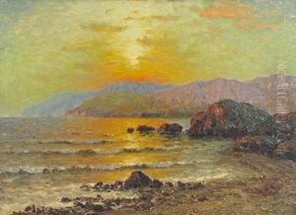 Breaking Waves At Sunset Oil Painting by Dey De Ribcowsky