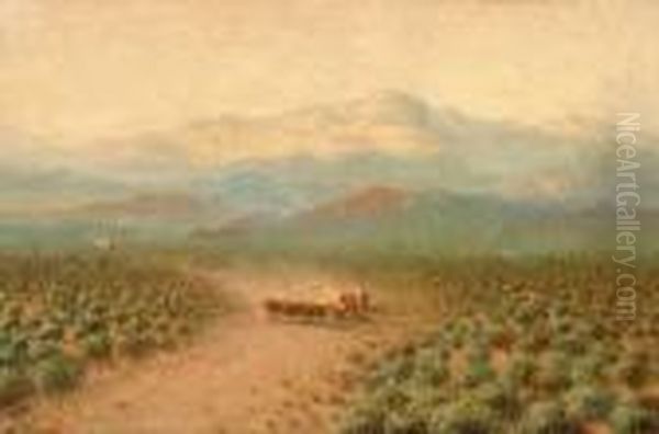 Wagon Train In Western Oil Painting by Dey De Ribcowsky