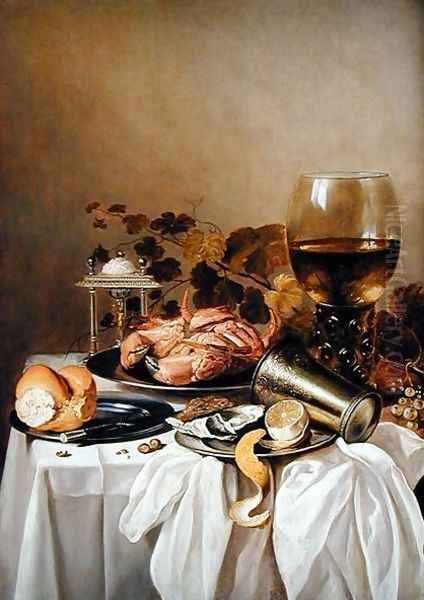 Still life with a crab and oyster, 1640s Oil Painting by Pieter Claesz.