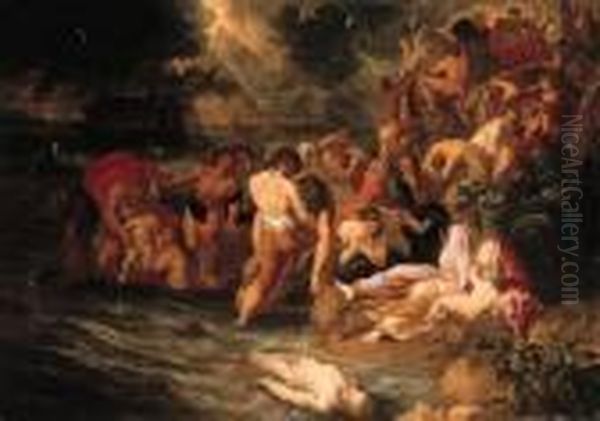 The Flood; And The Baptism Of Christ Oil Painting by Ignatius De Roore