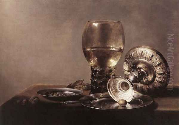 Still Life with Wine Glass and Silver Bowl Oil Painting by Pieter Claesz.