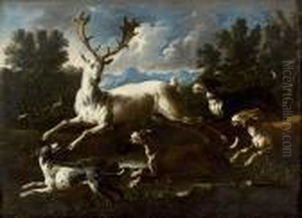 Paesaggio Con
Scena Di Caccia Con Un Cervo, Cani E Cacciatori Sullo 
Sfondo Oil Painting by Gaetano De Rosa