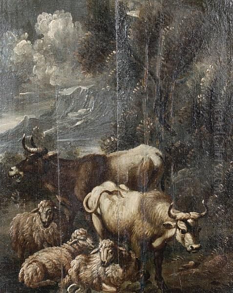 Cattle And Sheep Before An Open Landscape Oil Painting by Gaetano De Rosa