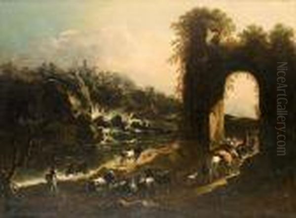 An Italianate Landscape With 
Drovers And Cattle On A Path Beneath A Ruined Arch, A Waterfall Beyond Oil Painting by Gaetano De Rosa