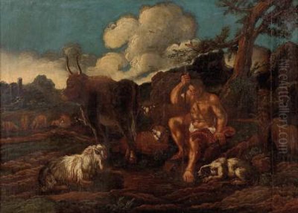 Landschaft Mit Hirte Und Tieren Oil Painting by Gaetano De Rosa