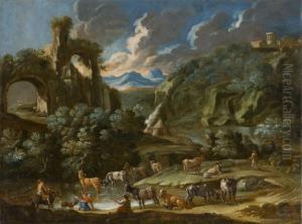 Paesaggio Fluviale Italiano Con Armenti E Rovine Oil Painting by Gaetano De Rosa