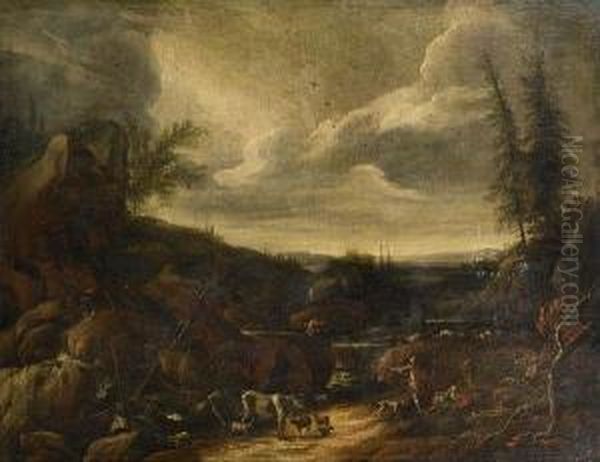 A Rocky River Landscape With Drovers And Their Flock Resting Beside A Waterfall Oil Painting by Gaetano De Rosa