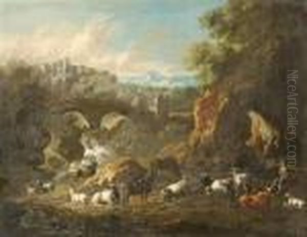 Mediterranean River Landscape With Herdsman And His Cattle. Oil Painting by Gaetano De Rosa