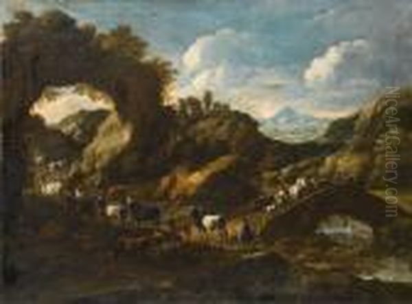 A Rocky River Landscape With A 
Drover And Hisflock On A Country Path And Travellers Crossing A Bridge Oil Painting by Gaetano De Rosa