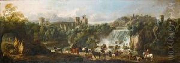 An Italianate Landscape With Drovers Wateringtheir Cattle, A View To Tivoli Beyond Oil Painting by Gaetano De Rosa